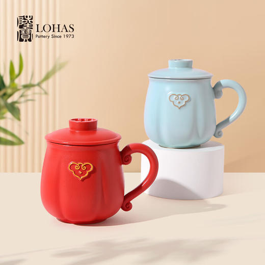 陆宝泡茶杯祥云如意陶瓷杯带盖办公室喝茶杯送礼佳品 如意成双泡茶杯//茶叶罐 商品图1