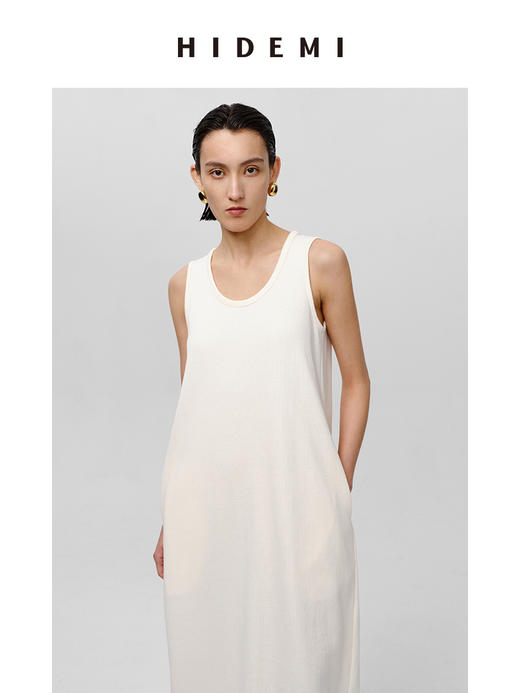 HIDEMI 自然棉系列高密竖条针织U型领针织阔型口袋长裙 蓝灰色/白 商品图4