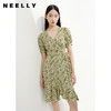 NEELLY纳俪商场同款V领泡泡袖碎花连衣裙女系带收腰不规则A字裙N23051Y01125 商品缩略图1