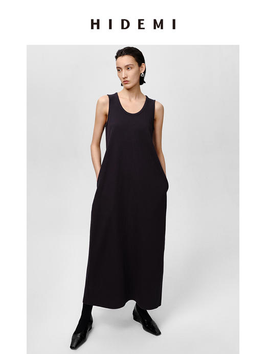 HIDEMI 自然棉系列高密竖条针织U型领针织阔型口袋长裙 蓝灰色/白 商品图13