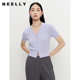 NEELLY纳俪商场同款夏季短袖针织衫女双头拉链V领修身短款开衫潮N23052A01141