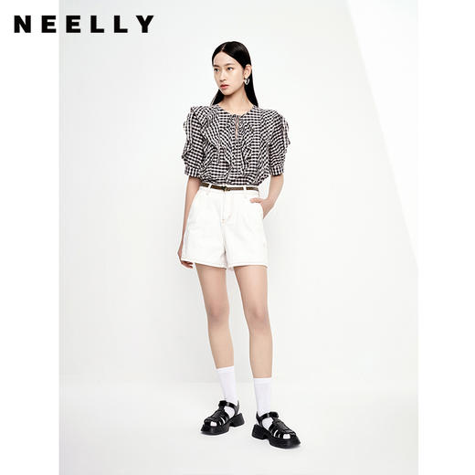 NEELLY纳俪商场同款黑白格子短袖衬衫女甜美荷叶边系带上衣夏季 商品图1