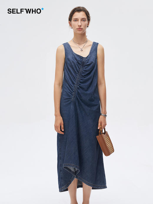 Self Who环保洗水醋酸牛仔连衣裙2023新款夏季中长款高腰A字裙子 商品图0