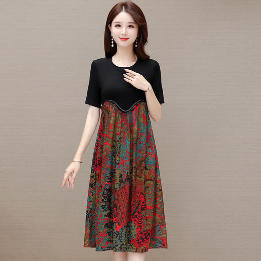 宽松休闲，夏款长款印花拼接连衣裙圆领短袖时尚气质A字裙QYM-CR-SMNEF38-L 商品图0