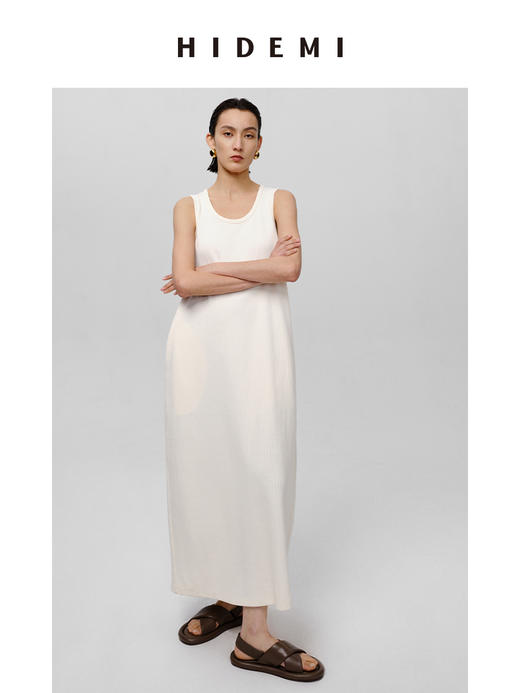 HIDEMI 自然棉系列高密竖条针织U型领针织阔型口袋长裙 蓝灰色/白 商品图12