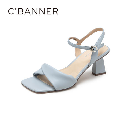 千百度女鞋夏季时装凉鞋一字带凉鞋羊皮高跟鞋粗跟通勤 A23354177 商品图1