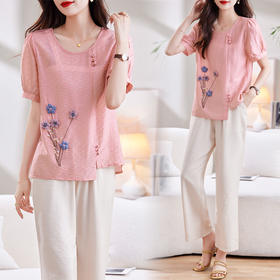 夏季纯色，时尚棉麻套装女圆领显瘦短袖衬衫上衣直筒裤两件套HR-YM2850-1