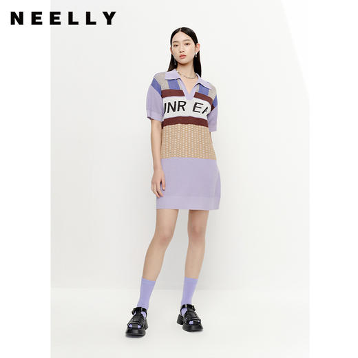 NEELLY纳俪商场同款拼色字母polo领针织连衣裙女夏季短袖薄款裙子N23052Y01158 商品图0