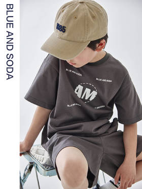 蓝汽水2024夏季男童短袖短裤休闲运动套装印花字母套头透气两件套