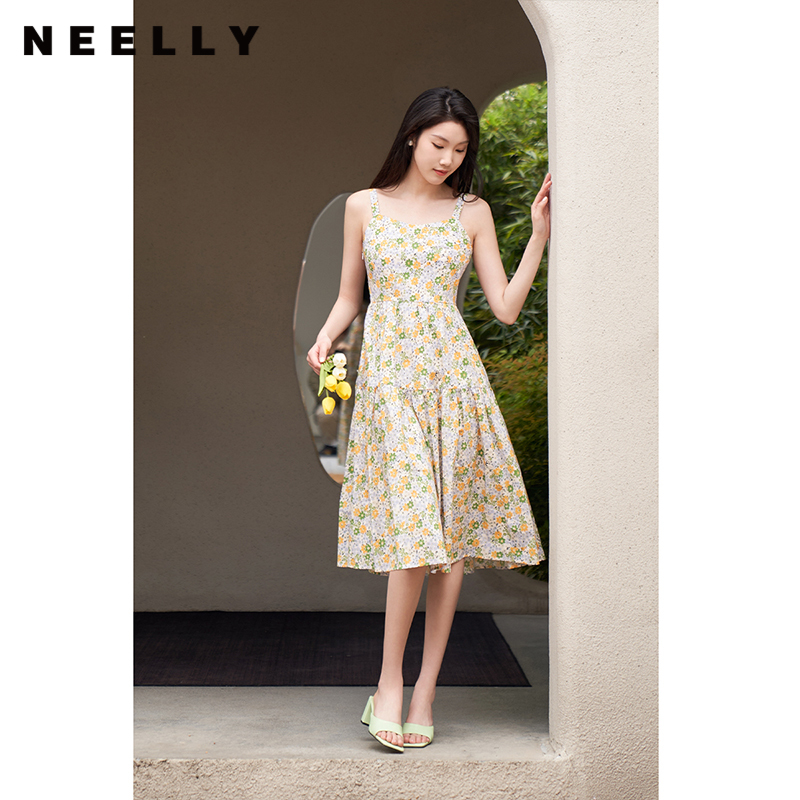 NEELLY纳俪法式碎花连衣裙女中长款小清新度假吊带裙收腰显瘦夏季N23044R03331