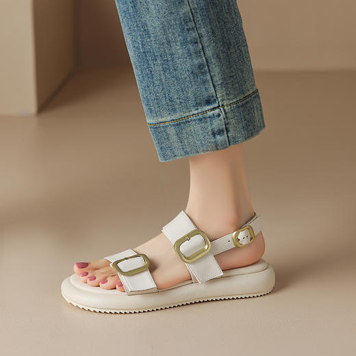 舒适休闲风金属方扣，厚底牛皮圆头皮带扣凉鞋AJ9063 商品图1