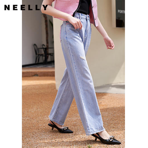 NEELLY纳俪撞色个性宽松直筒阔腿裤女柔软磨边破洞浅蓝牛仔裤薄款 商品图3