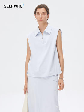 Self Who美国进口面料冰川蓝背心女2023新款夏季翻领小众无袖上衣