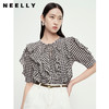 NEELLY纳俪商场同款黑白格子短袖衬衫女甜美荷叶边系带上衣夏季 商品缩略图0