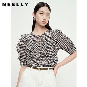 NEELLY纳俪商场同款黑白格子短袖衬衫女甜美荷叶边系带上衣夏季