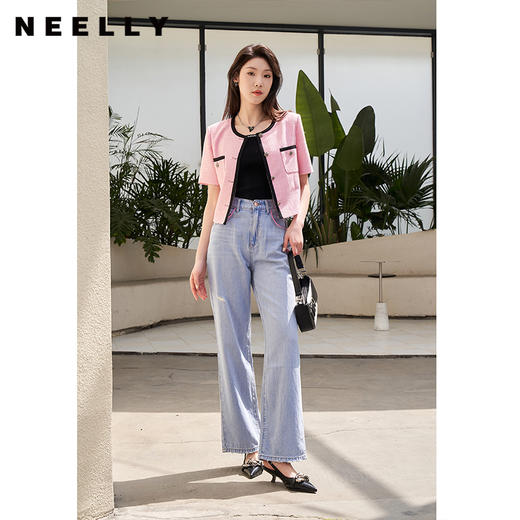 NEELLY纳俪撞色个性宽松直筒阔腿裤女柔软磨边破洞浅蓝牛仔裤薄款 商品图1