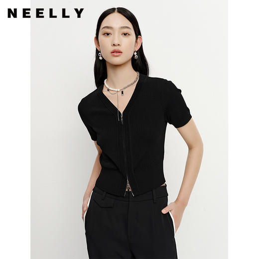 NEELLY纳俪商场同款夏季短袖针织衫女双头拉链V领修身短款开衫潮N23052A01141 商品图3
