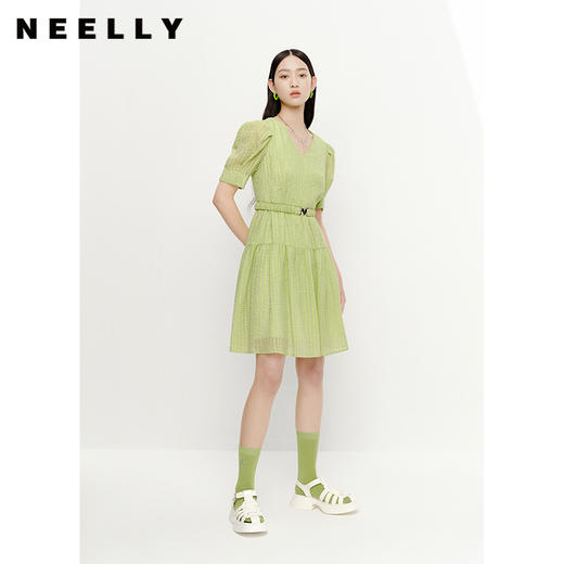 NEELLY纳俪商场同款V领连衣裙女中长款泡泡袖收腰系带A字裙轻薄夏N23051Y01123 商品图1