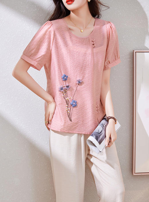 夏季纯色，时尚棉麻套装女圆领显瘦短袖衬衫上衣直筒裤两件套HR-YM2850-1 商品图6