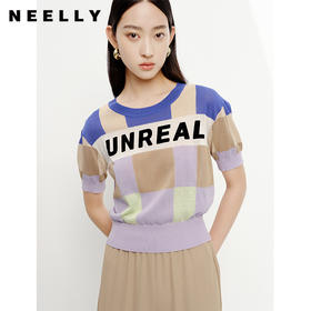 NEELLY纳俪商场同款拼色字母针织衫女夏季短袖薄款套头衫短款上衣N23052A01142