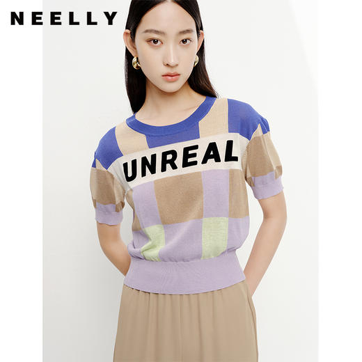 NEELLY纳俪商场同款拼色字母针织衫女夏季短袖薄款套头衫短款上衣N23052A01142 商品图0