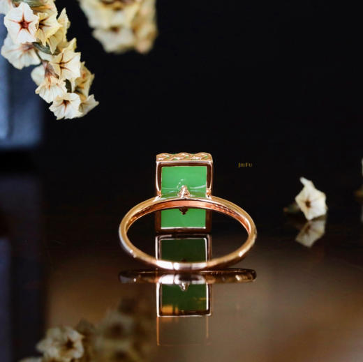 18K玫瑰金和田玉（碧玉）镶钻花边方戒/切割方牌7*11mm/苹果绿 商品图5