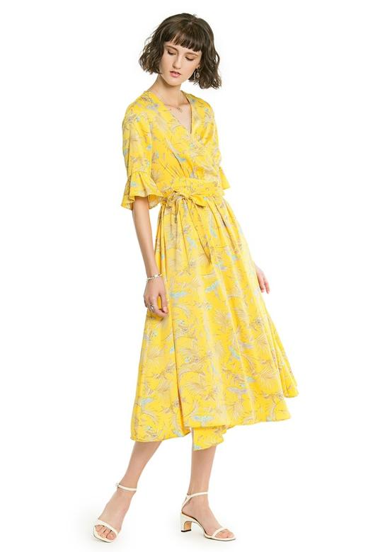 SUMMER & SAGE 黄色V领束腰印花连衣裙 3132 商品图4