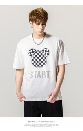 PINLI品立春季新款小熊烫钻短袖T恤男士圆领体恤BG231111013