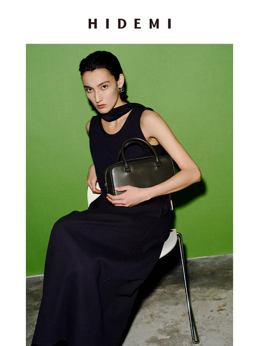 HIDEMI 自然棉系列高密竖条针织U型领针织阔型口袋长裙 蓝灰色/白 商品图6