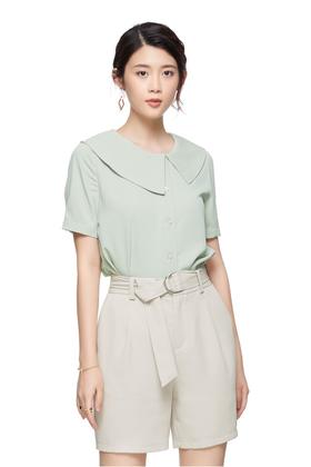 OSA欧莎 豆沙绿翻领雪纺衫 9181