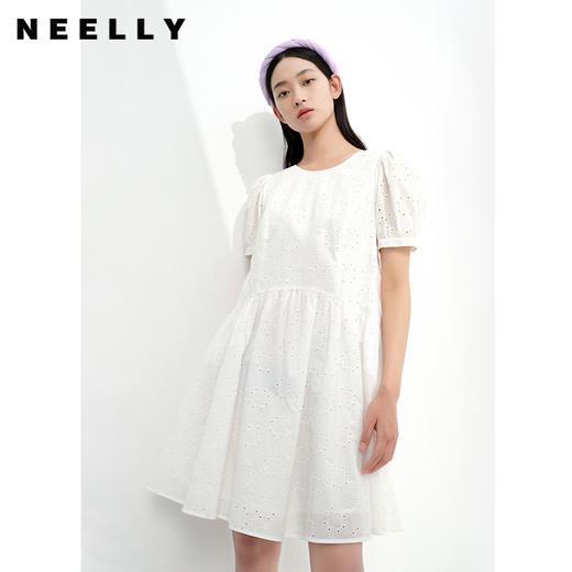 NEELLY纳俪商场同款夏季连衣裙女泡泡袖纯棉刺绣A字娃娃裙小个子 商品图1