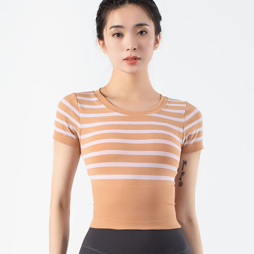 跃牌【化蝶双飞】系列无缝撞色条纹裸感紧身短袖瑜伽服MS1055 (不带胸垫） 商品图0