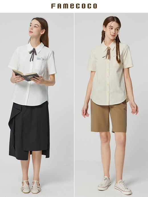 famecoco范可儿短袖印花白衬衫女夏季女装新款纯棉休闲衬衣FAB3BH041 商品图3