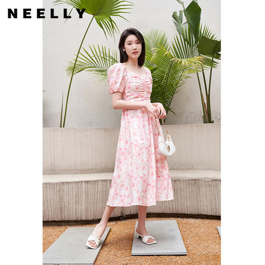 NEELLY纳俪夏季法式碎花连衣裙女收腰泡泡袖打缆显瘦A字裙茶歇裙N23044Y05518 商品图1