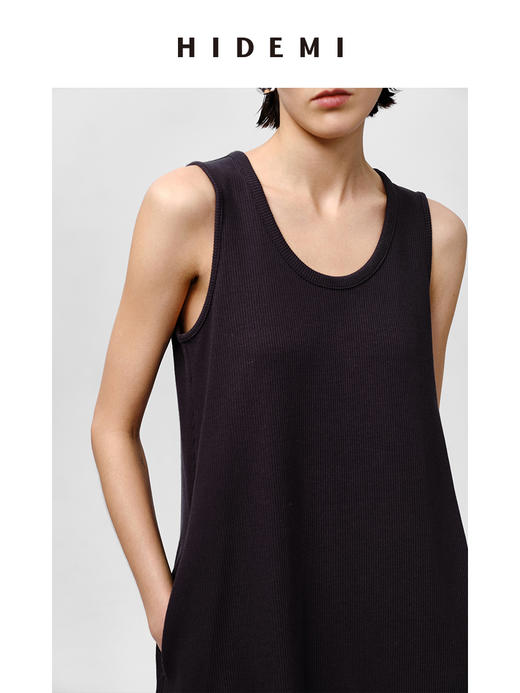 HIDEMI 自然棉系列高密竖条针织U型领针织阔型口袋长裙 蓝灰色/白 商品图10