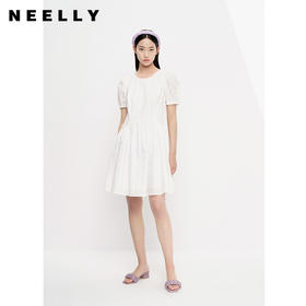 NEELLY纳俪商场同款夏季连衣裙女泡泡袖纯棉刺绣A字娃娃裙小个子