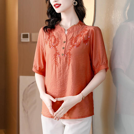 宽松舒适，绣花棉麻遮肚子显瘦上衣短袖女装套头小衫KQL-B38N3782 商品图2