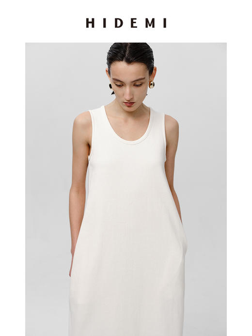 HIDEMI 自然棉系列高密竖条针织U型领针织阔型口袋长裙 蓝灰色/白 商品图5