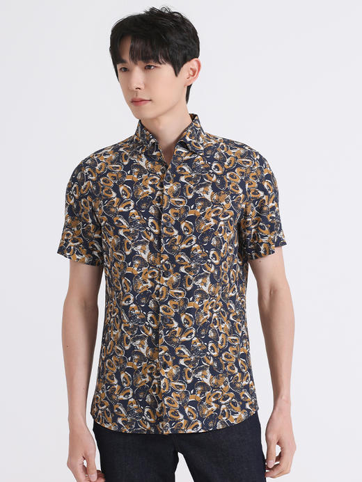 callisto藏青色麻混纺短袖衬衫SSCSS041Y 商品图1