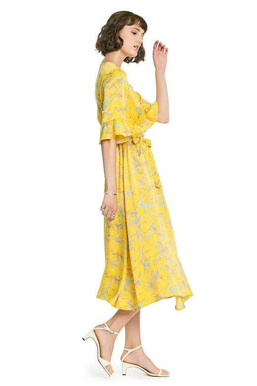 SUMMER & SAGE 黄色V领束腰印花连衣裙 3132 商品图1