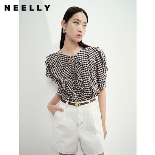 NEELLY纳俪商场同款黑白格子短袖衬衫女甜美荷叶边系带上衣夏季 商品图2