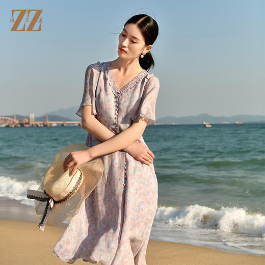 夏季新款 优雅真丝乔其法式碎花连衣裙女E32LS03 商品图1