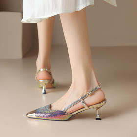 个性百搭，平头珠片拼接牛皮后空凉鞋DB-M5610