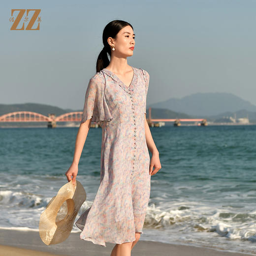 夏季新款 优雅真丝乔其法式碎花连衣裙女E32LS03 商品图0