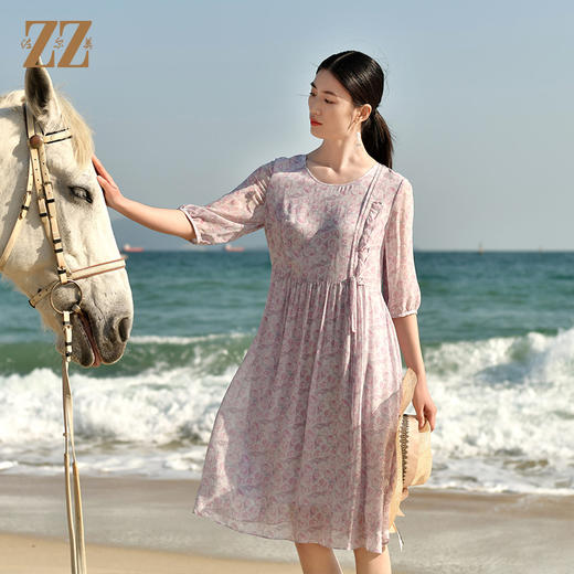 夏季新款 时尚真丝乔其中袖碎花连衣裙女E32LS46 商品图0