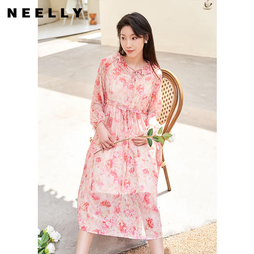 NEELLY纳俪商场同款法式碎花连衣裙女夏季长袖V领系带高腰裙子夏N23044Y03341 商品图1