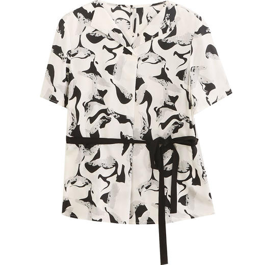 玳莎16姆米细斜纹 系带真丝小衫女2023年夏季新款系带优雅印花桑蚕丝小翻领上衣  DB31102 商品图4