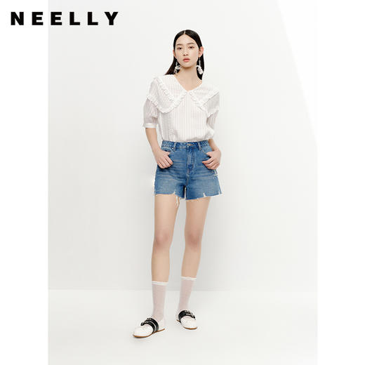 NEELLY纳俪商场同款夏季新款减龄可爱娃娃领衬衫女百搭五分袖上衣N23051R01114 商品图1