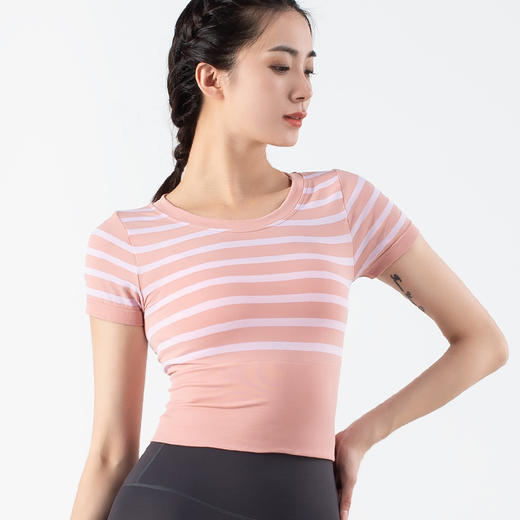 跃牌【化蝶双飞】系列无缝撞色条纹裸感紧身短袖瑜伽服MS1055 (不带胸垫） 商品图3