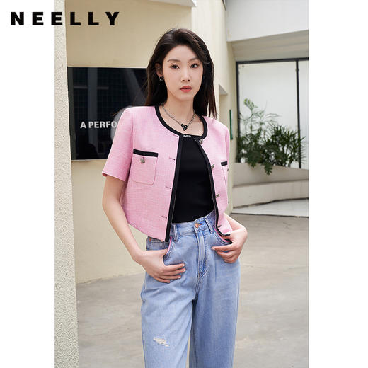NEELLY纳俪撞色个性宽松直筒阔腿裤女柔软磨边破洞浅蓝牛仔裤薄款 商品图2
